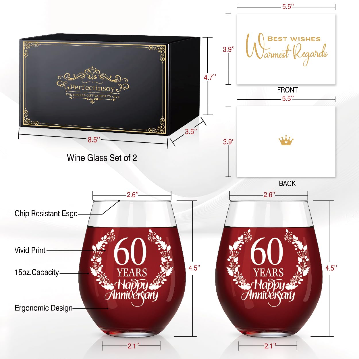 Perfectinsoy 60 Years Happy Anniversary Wine Glass Set of 2, 60th Anniversary Wedding Gift For Mom, Dad, Wife, Soulmate, Couple, Funny Vintage Unique Personalized, 60 Years Gifts, Wedding Gifts