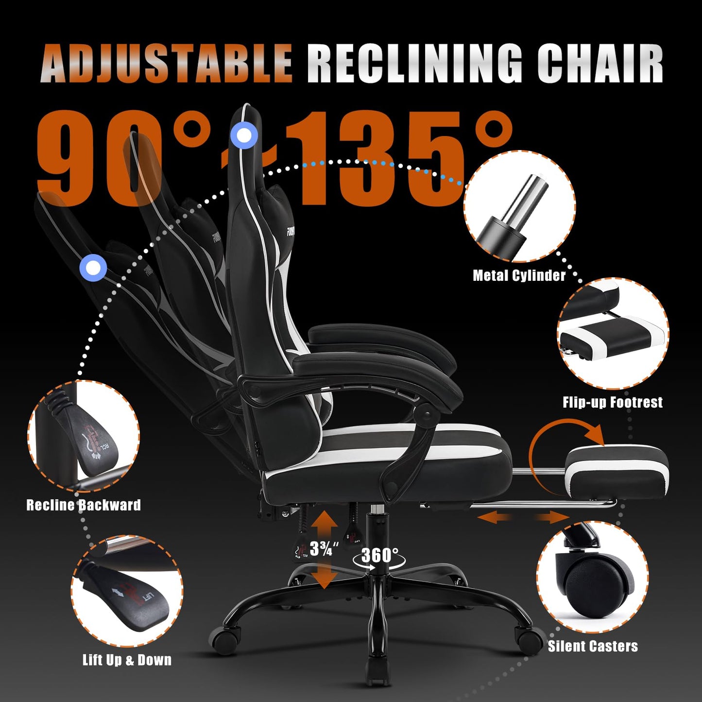 Gaming Chair with Footrest, Reclining Video Game Chairs for Adults with Lumbar Support, Linkage Armrests, Ergonomic Computer Chair for Gaming or Office, PU Black-White