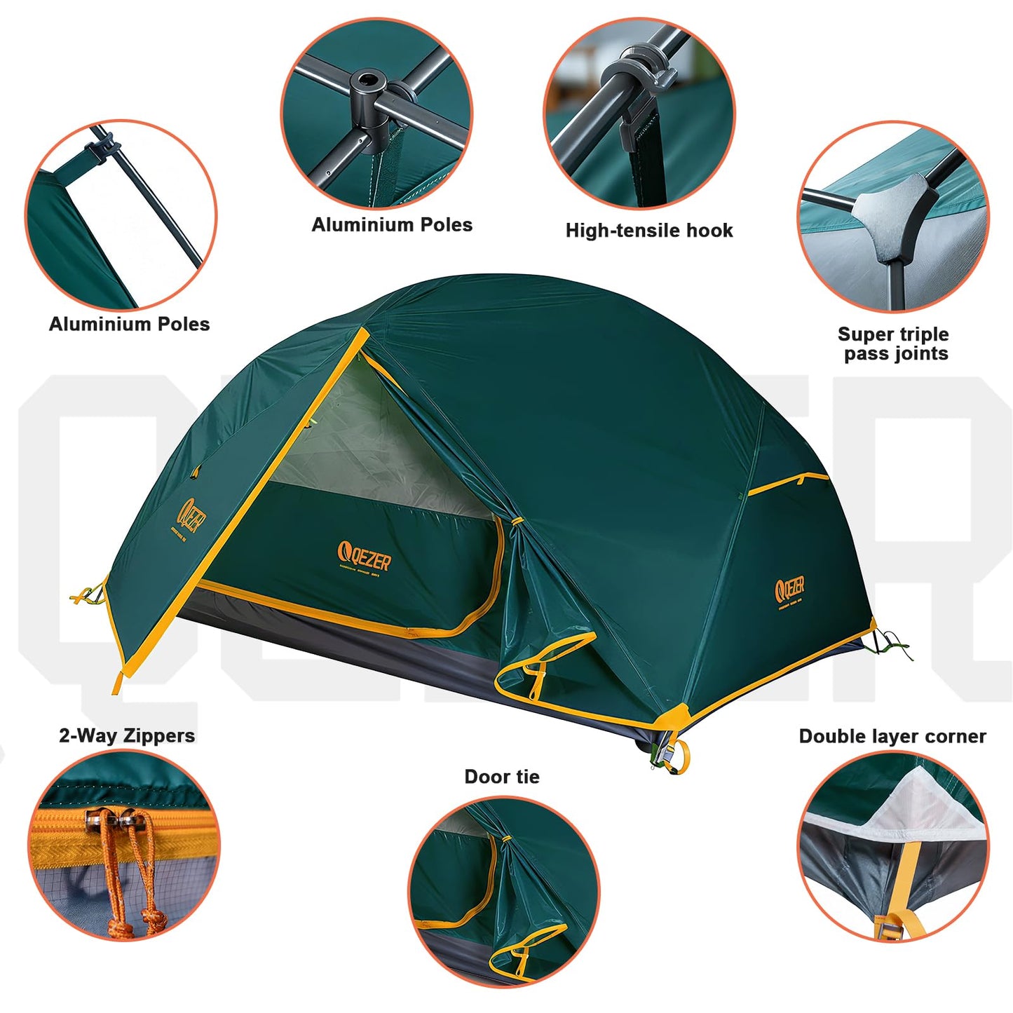 QEZER Camping Tent 1/2 Person Tents Windproof Portable Adults Tents for Camping Hiking Backpacking Traveling Easy Set up (Green, 2 Person)