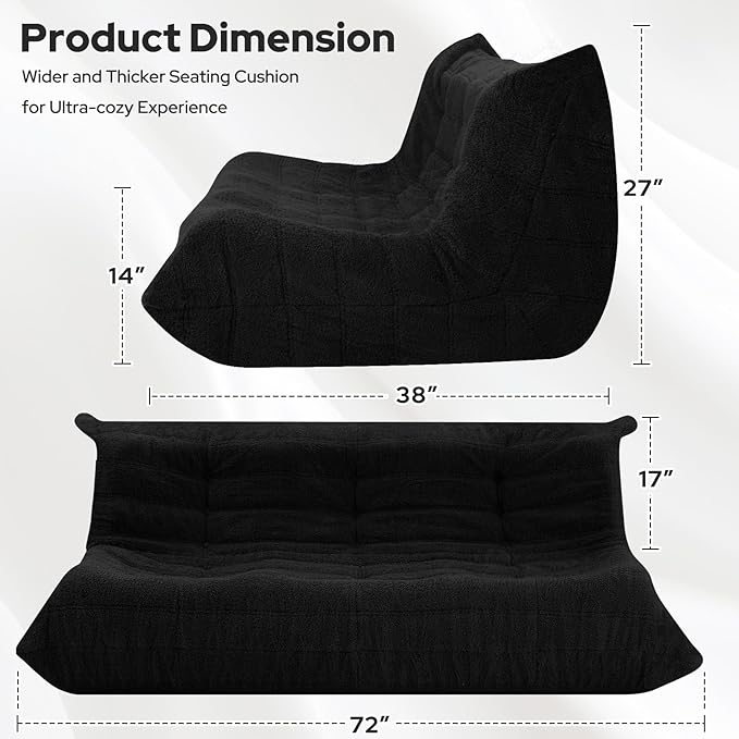 HABUTWAY Bean Bag Chairs Fireside Lazy Floor Sofa, Soft Teddy Fleece 3 Seater Sofa with High-Resilience Foam Filling，Beanbag for Living Room, Bedroom, Office (Black Teddy)