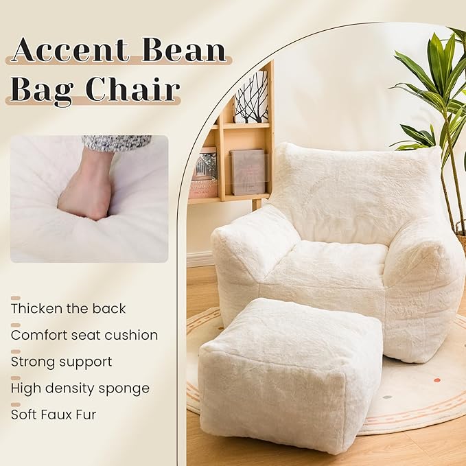 Cvortll Bean Bag Chair with Ottoman, Armrest Bean Bag Chairs with Filler, Ultra Soft Fluffy Faux Fur Bean Bag Chair with Foot Rest, Plush Lazy Sofa with Foot Stool for Living Room, Dorm