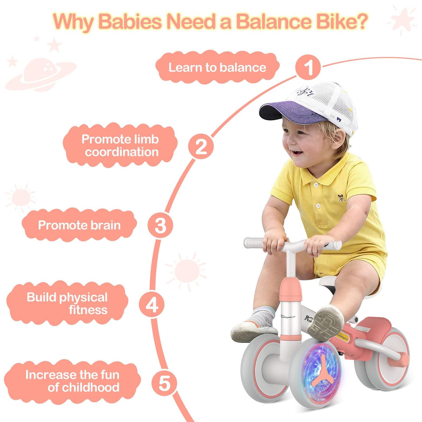Ambitelligence Colorful Lighting Baby Balance Bike for 1 Year Old Girl Boy Gifts 12-36 Months Toddler Balance Bike with Adjustable Soft Seat and 4 Wheels First Birthday Gifts for Baby Scooter (Pink)