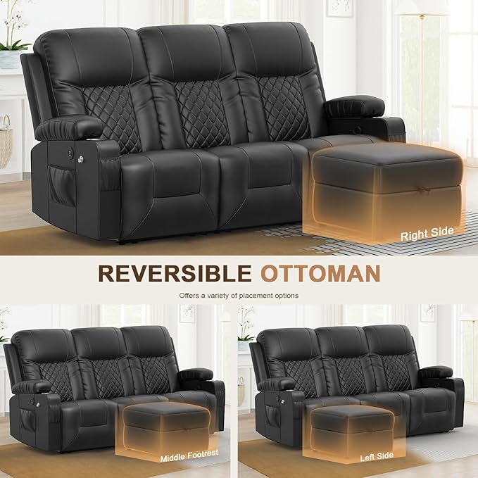 FURNIMAT Recliner Sofa with Storage Ottoman, 3 Seats Dual Reclining Sofa, PU Leather Loveseat Couch, Modern Recliner Chair for Living Room, with Cup Holder and 2 Cell Phone Holder, USB Ports