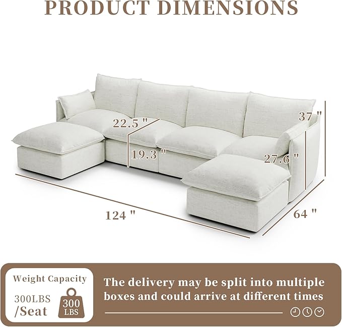 Gtilzria Waterproof Cloud Sectional Couches for Living Room,High Backrest Down Filled Couch,6 Seater Oversized Modular U-Shaped Sofas with Chaise,Detachable Sofa Covers,Cream White