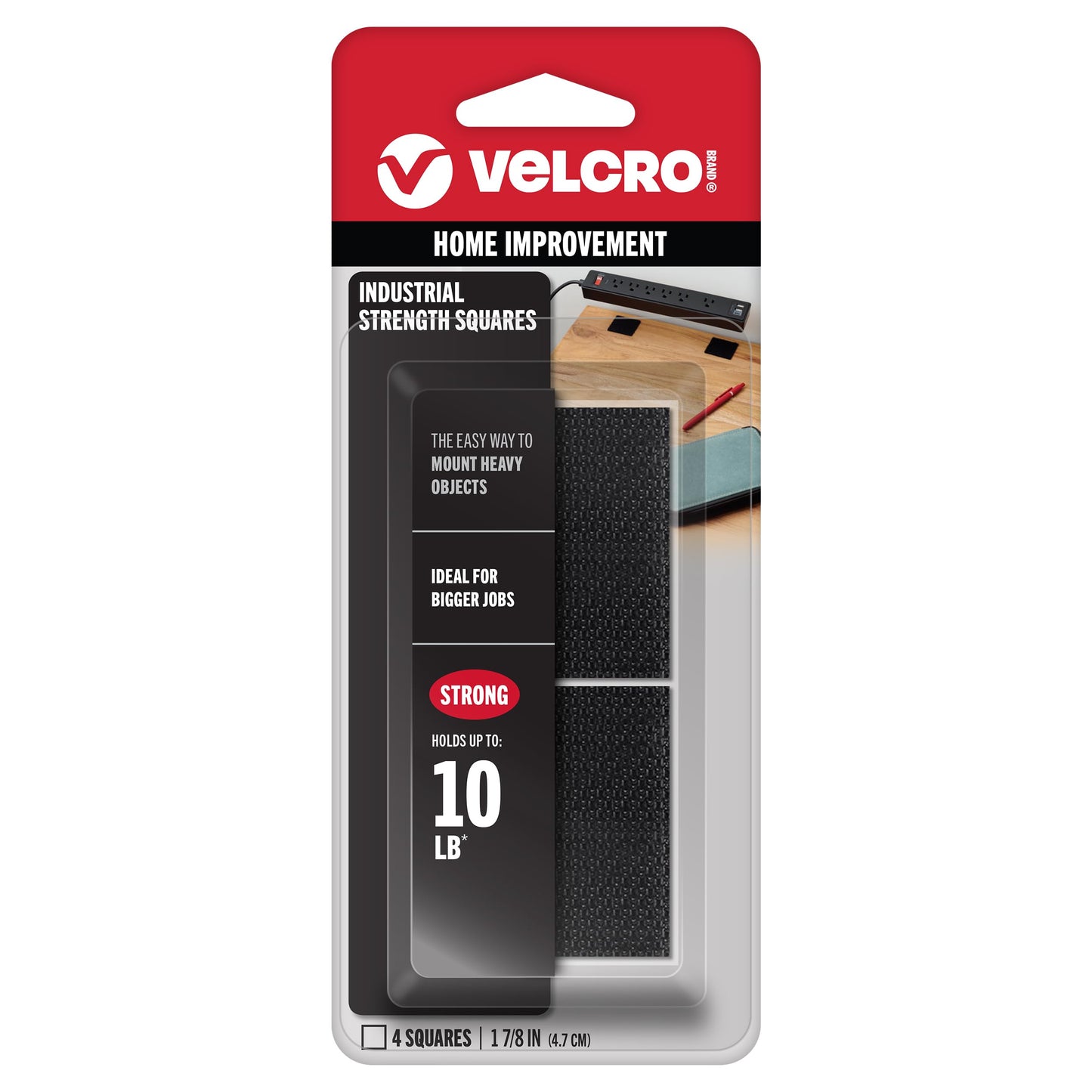 Velcro Brand Heavy Duty Squares with Adhesive | 4 Sets, Black | Industrial Strength Hook and Loop Fasteners | Holds 10 Pounds | Wall Mounting, Crafts, Tools