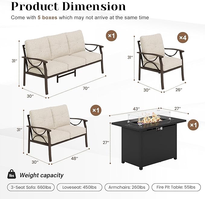FansaFurn 7-Pieces Outdoor Patio Furniture Set with 43" Fire Pit Table, Metal Outdoor Sectional Furniture with Cushions, Outdoor Conversation Set for Garden, Balcony, Deck, Backyard, Khaki