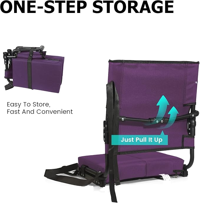behairity Portable Stadium Seat for Bleachers with Back Support, Wide Padded Bleacher Chair with High Back and Thick Cushion for Adults, Folding Stadium Chair for Football Sports Events (Purple)
