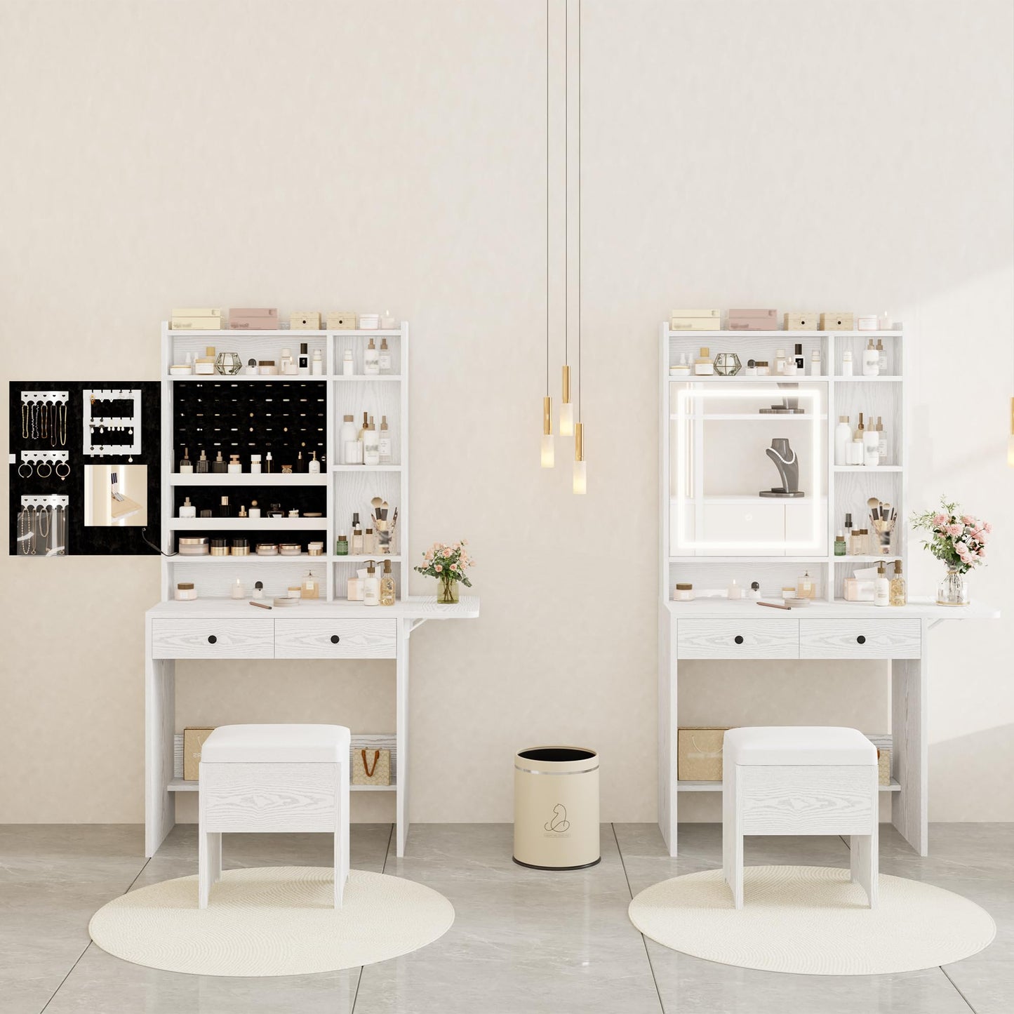 IRONCK Vanity Desk with Mirror and LED Lights, Jewelry Cabinet, Makeup Dressing Table Set with Drawers, Storage Shelves, for Bedroom, 65.3 H White