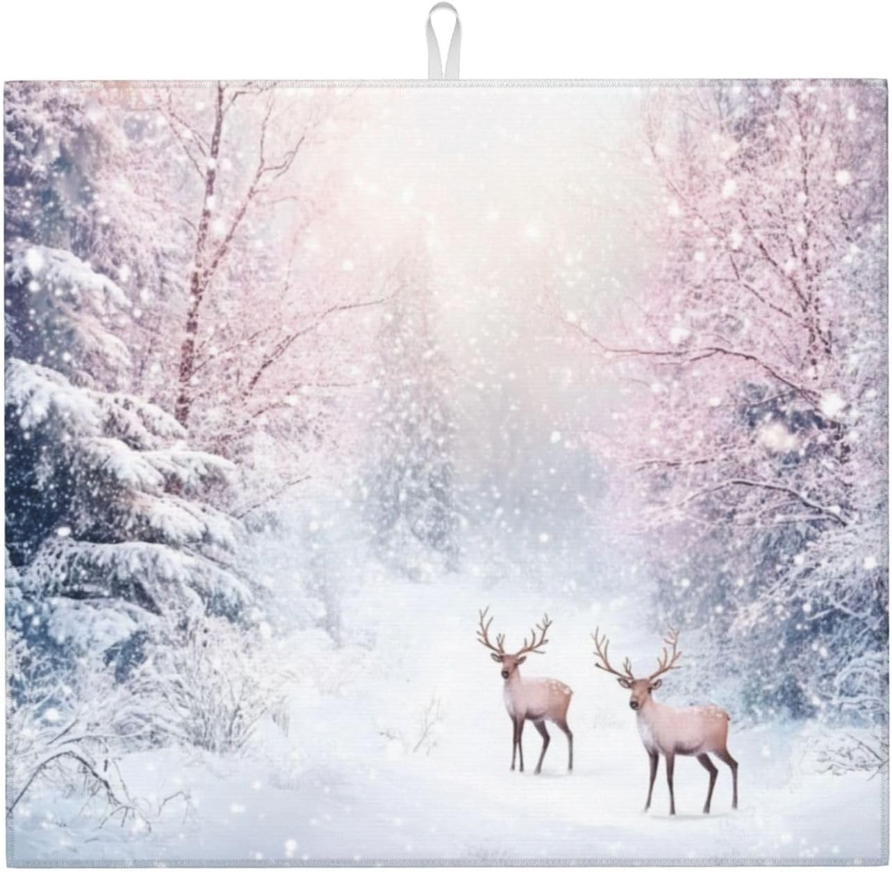 Dish Drying Mat for Kitchen Winter Deer Forest Christmas Counter Absorbent Dishes Drainer Microfiber Small 16x18 Inch