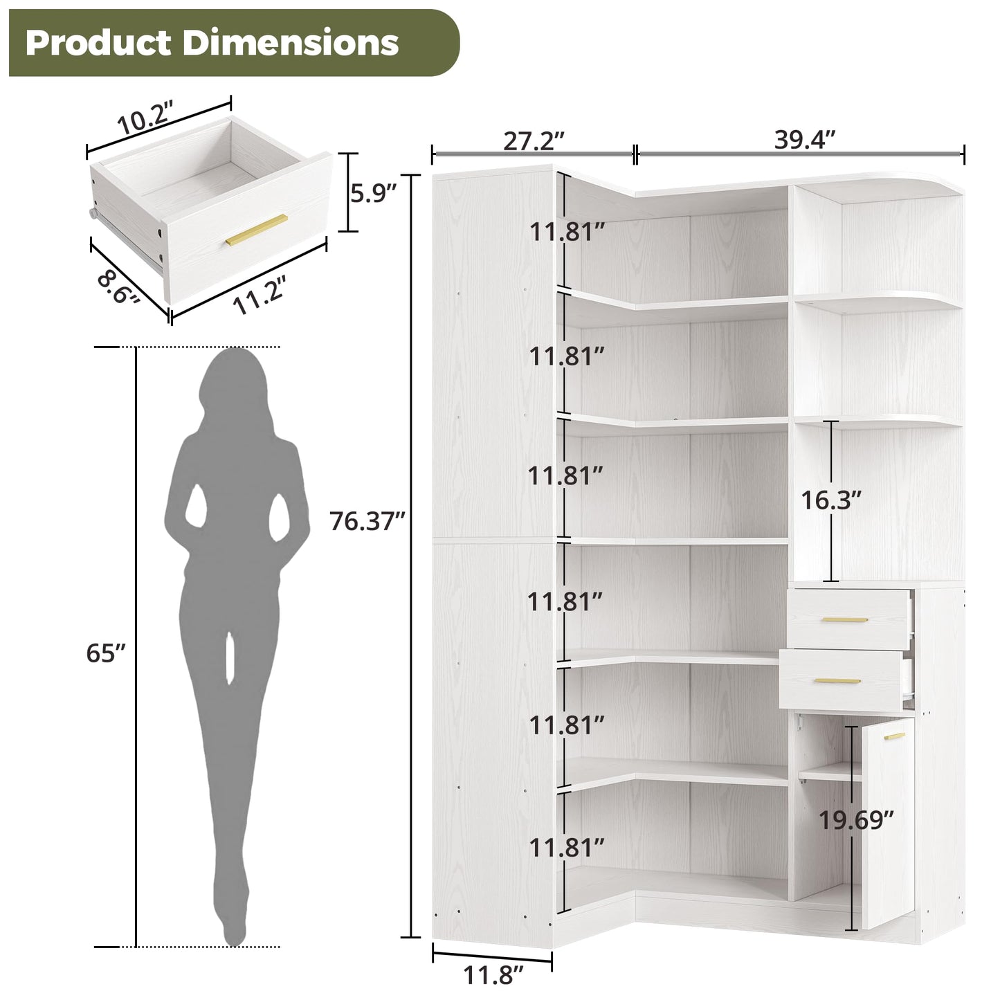 IRONCK Corner Bookshelf, 76" Tall Corner Bookshelves, 6 Tiers L-Shaped Bookcase with 10 Open Shelves and 2 Storage Drawers for Living Room or Home Office