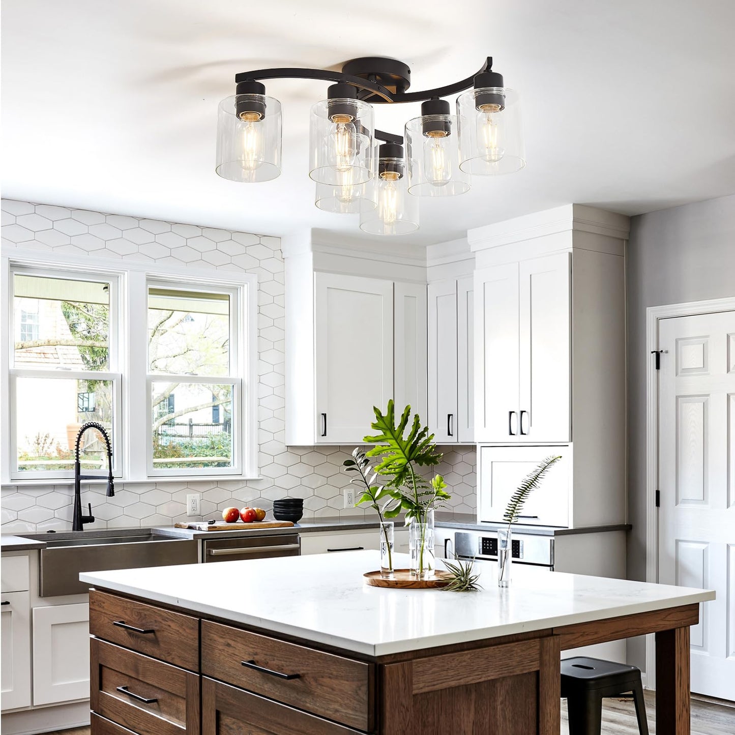 Eatich 6-Light Ceiling Light, Semi Flush Mount Ceiling Light Fixture, Kitchen Lighting Fixtures Ceiling, Farmhouse Black with Clear Glass Shade for for Dining Room Bedroom Living Room