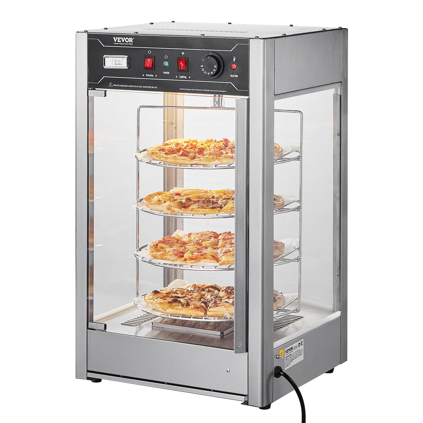 VEVOR Commercial Food Warmer Display for 14" Pizza, 4-Tier Pizza Warmer with Rotary Steam Heating, 86℉~185℉ Temperature Control and Temp Display, 25W Oven Light + Top LED for Pizza Shop, Restaurant