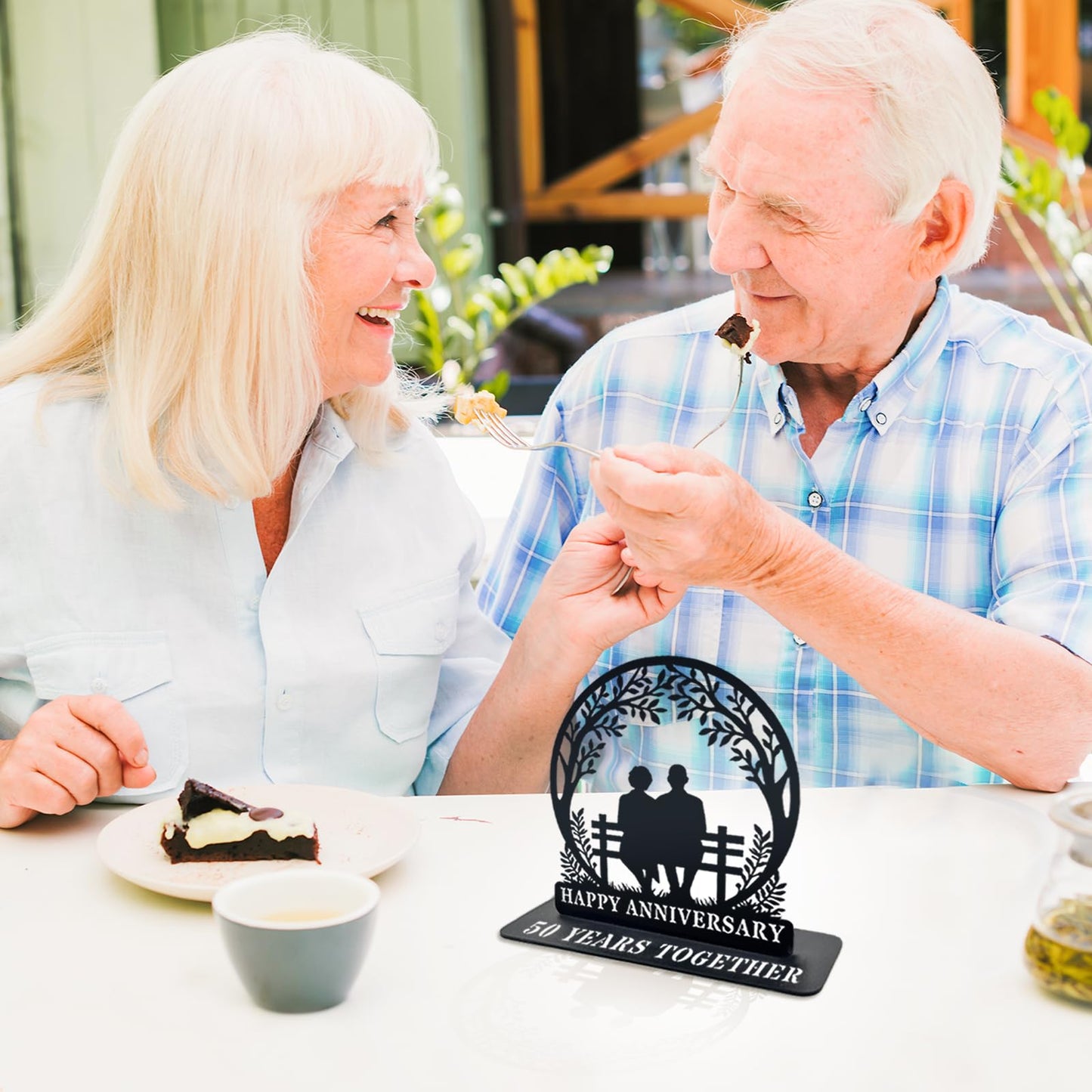 50th Anniversary Iron Table Decor for Couple Parents Friends Golden Wedding Gift Metal Sculpture Decoration for 50 Year Marriage Celebration