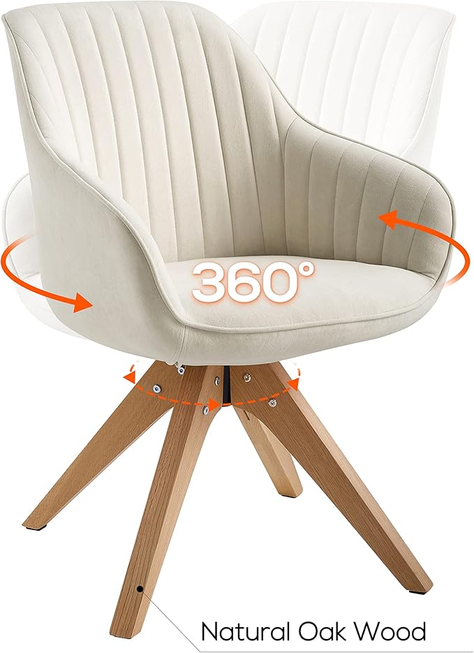 Art Leon Mid Century Modern Dining Chair - Fabric Upholstered Swivel Dining Chair, Kitchen Dining Room Chair with Oak Wood Legs, Leisure Side Chair with Arms, Off White