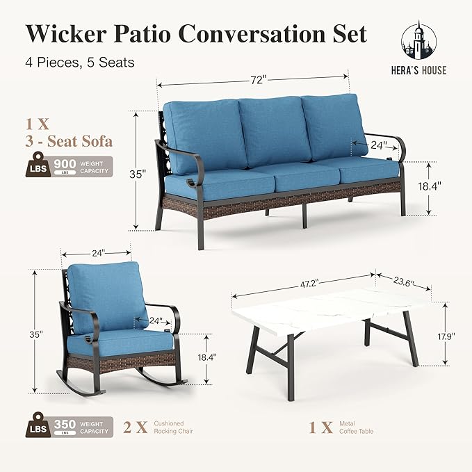 HERA'S HOUSE 4 Piece Metal Patio Furniture Set, All Weather Outdoor Conversation Set with 3 Seat Sofa, 2 Rocking Chairs & Coffee Table, Seats 5 for Backyard, Garden, Deck, Navy Blue