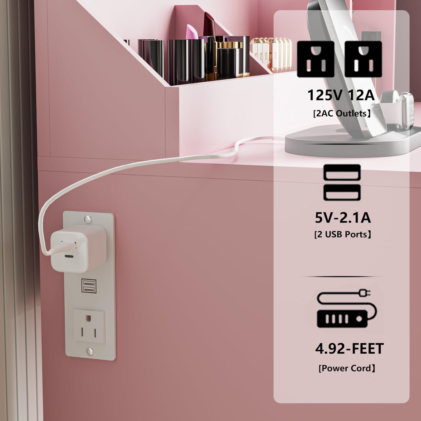Thacuok Vanity Desk with Mirror and Lights, 33.5'' Makeup Table with Charging Station & RGB Glass Cabinet, Small Vanity with 3 Color Lighting Modes & Adjustable Brightness, Pink