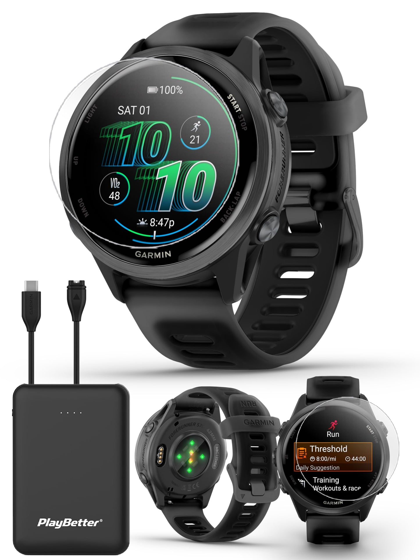 Playbetter Garmin Forerunner 570 (42 Mm, Slate Gray/Translucent Black) Running Gps Smartwatch - Amoled Display, Training & Recov