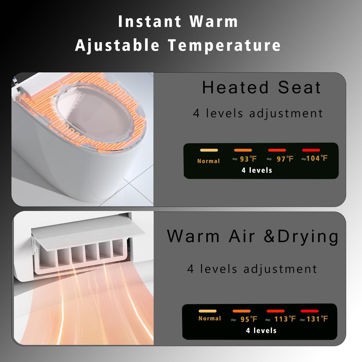 WinZo 23" Compact Smart Toilet with Bidet Seat Built-in For Small Bathroom, Auto Flush, LED Night Light,Heated Bidet with Warm Air Drying (White with Grey Panel)