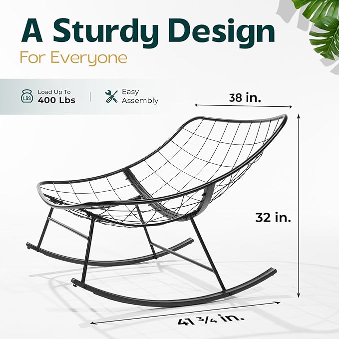 Bme Patio Rocking Chair Outdoor and Indoor, Modern Metal Lounge Rocker with Thick 7'' Cushion, 400lbs Capacity, Ergonomic Design, Easy Assembly, Grey Cushion - Black Matte Rocker