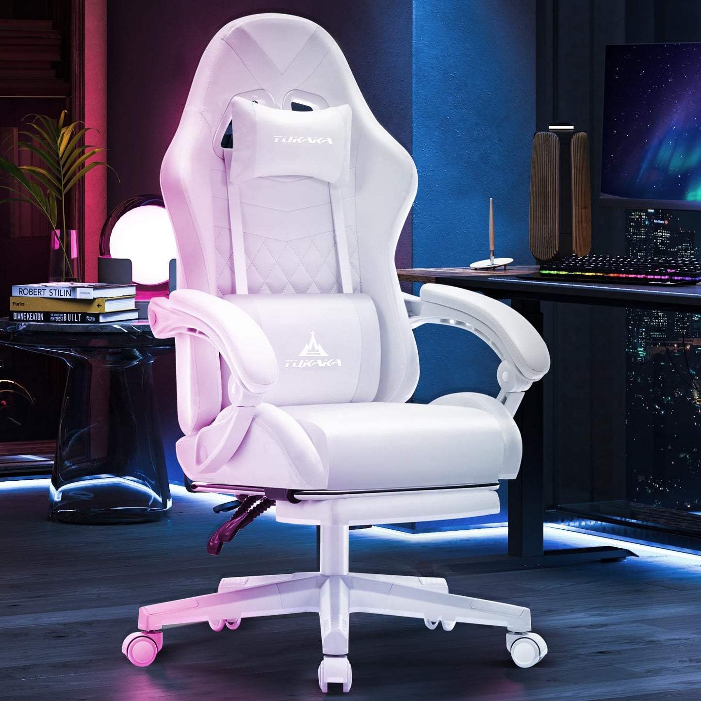 TUKAKA White Gaming Chair,Ergonomic Massage Computer Office Desk Chair with Footrest,Pocket Spring Cushion,Reclining Leather Adjustable Gamer Chair with Headrest and Lumbar Support,White