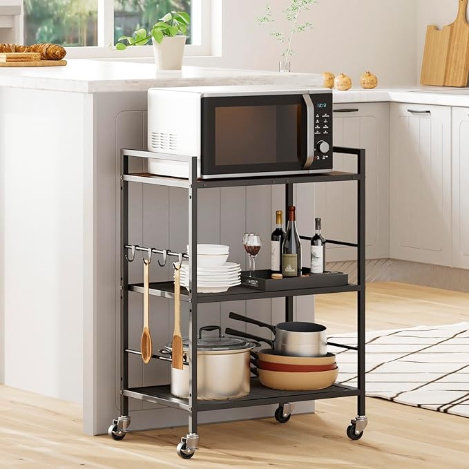 XIVIRACK 3-Tier Metal Storage Rack with Industrial Wheels,Mesh Shelving Unit with Wooden Table top,Adjustable Shelf,23.6-Inch Width,15.8-Inch Depth, for Kitchen, Laundry,Pantry,Plant,Black