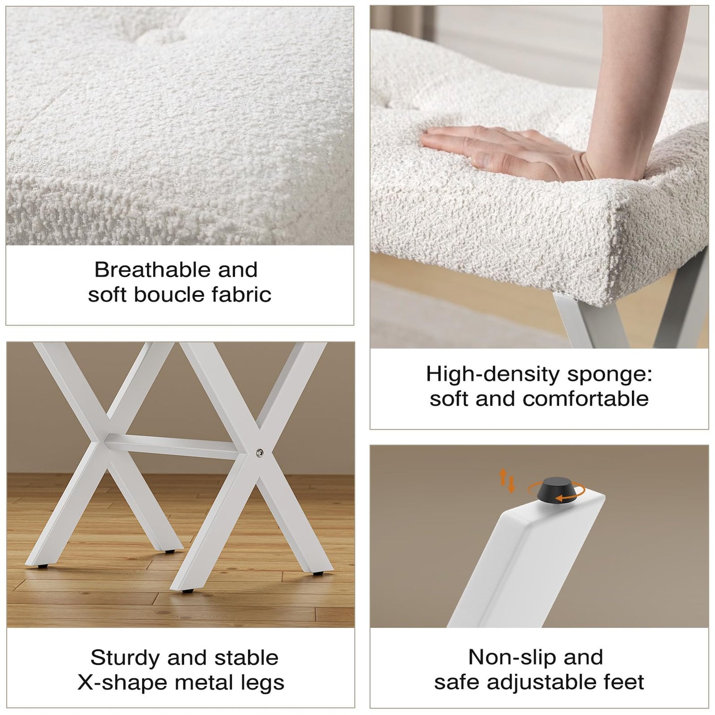 Memobarco 18-Inch Vanity Stool Chair, Vanity Bench with Metal X-Legs, Ottoman Foot Stool with Breathable and Soft Boucle Fabric Saddle Seat, White