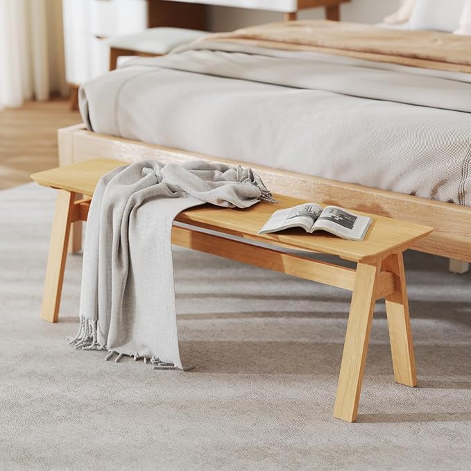 DUOMAY Solid Wood Long Dining Bench, 47" Wide Farmhouse Bench with A-Shaped Legs Mid Century Modern Entryway Bench Shoe Bench for Hallway End of Bed, Original Wood Color
