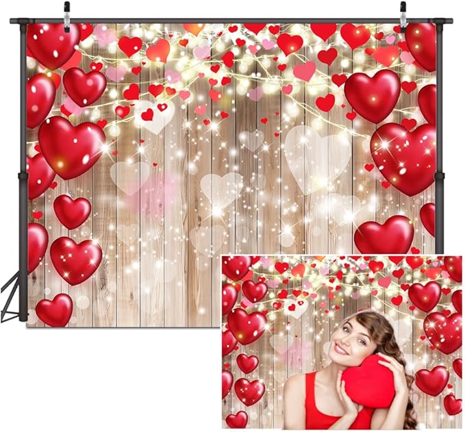 Dudaacvt 7x5ft Valentine's Day Backdrop Rustic Wood Red Love Heart Background for Mother's Day Wedding Bridal Shower Party...