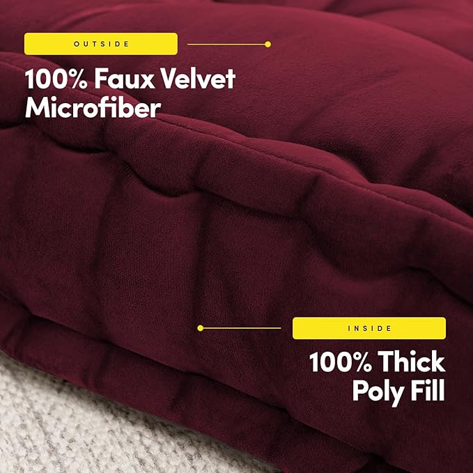 Floor Pillow Large Square Tufted Decorative Cushion 20" x 20" Faux Velvet Fabric Ultra Thick Fill for Kids and Adults, 2 Pack, Burgundy Red