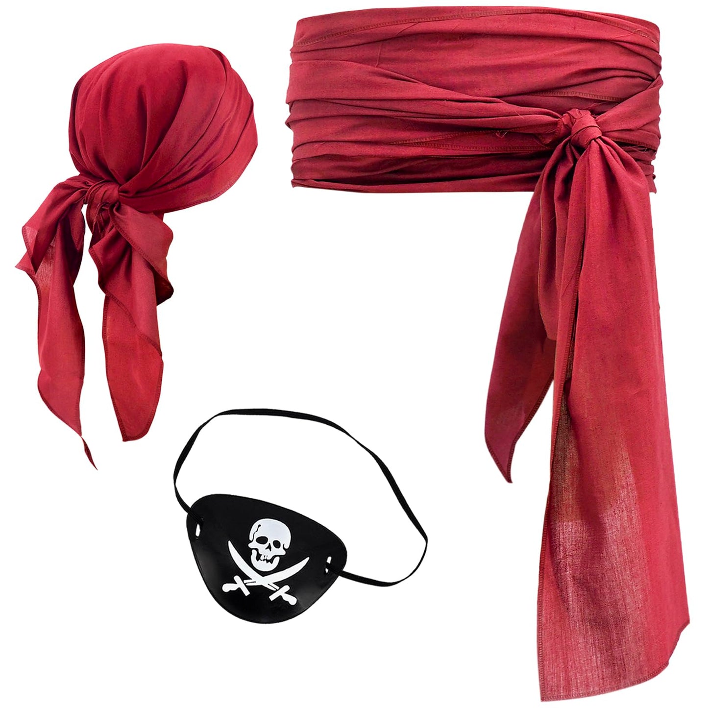 Pirate Halloween Costume, 3 Pcs Set with Head Scarf, Bandana Belt Waist Sash, Eye Patch for Halloween Costumes Cosplay (Red)