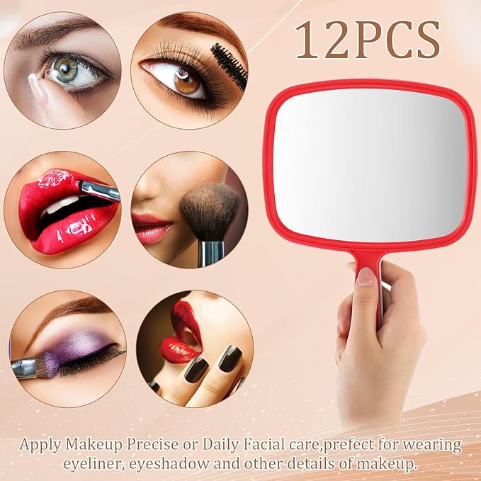 Geetery 12 Pcs Hand Held Mirrors with Handles Hand Makeup Mirrors Bulk Wall Mount for Women Cosmetic Bathroom Home Barber Salon Travel Portable Beauty School Gift, 6.69 x 9.45 Inch (Red)