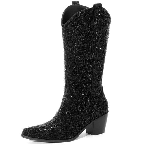 Women’s Rhinestone Cowboy Boots Mid Calf Pointed Toe Sparkly Block Heel Cowgirl Boots with Pull On Tabs