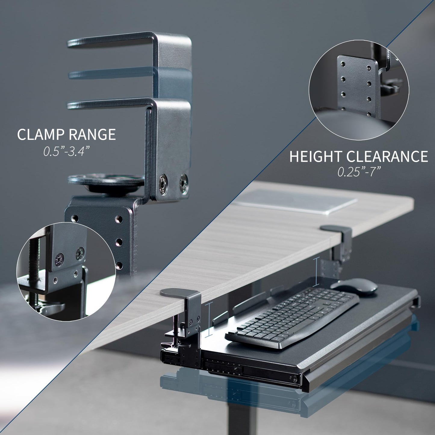 VIVO Large Height Adjustable Clamp-on Keyboard Tray, Extra Sturdy Pull Out Platform with Storage Drawer, 27 (33 Including Clamps) x 11 inch Slide-Out Tray with Organizer, Black, MOUNT-KB05HB-DR