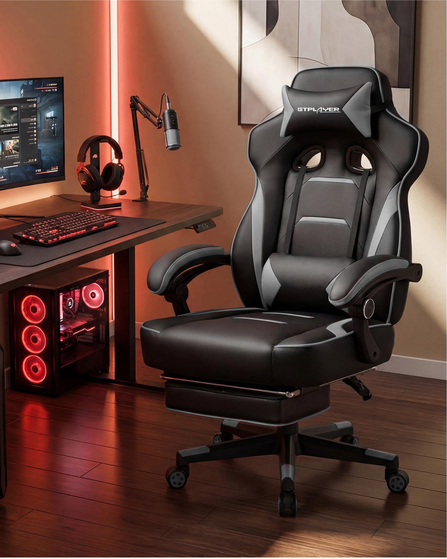 GTPLAYER Gaming Chair for Adults, Big and Tall 350LBS Heavy Duty Office Chair, Ergonomic High Back Lumbar Support and Recliner for Back Pain Relief, Sky Gray