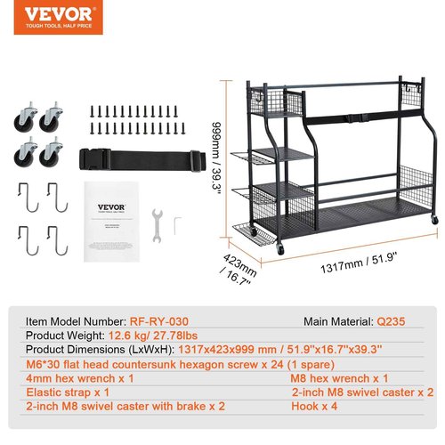 VEVOR Golf Storage Garage Organizer, 3 Golf Bag Stand Holder, Other Sports Equipment Storage Rack, Rolling Ball Cart on Wheels, Outdoor Sport Gear, Toy Storage Baskets Hooks Christmas Crafts Xmas Gift