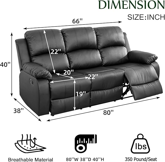 Caberryne Leather Recliner Sofa，Reclining Sofa for Living Room Furniture Sets，Black Wall Hugger Recliner Couch with Cupholder for Living Room/Office/Theater Seating(3 Seater Sofa)