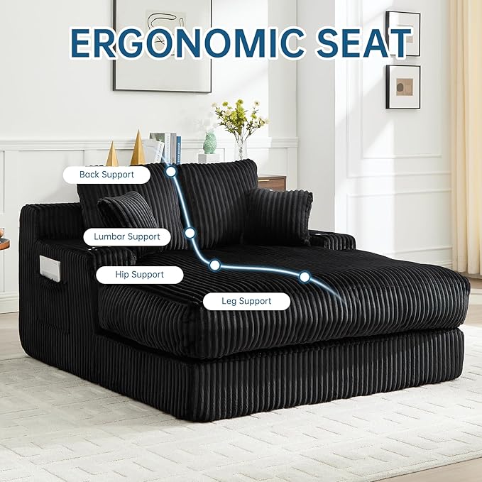 Asukale 60" Oversized Chaise Lounge Chair Indoor, Boneless Cloud Chair Bed with 4 Pillows & Armrests, No Assembly Corduroy Upholstered Sofa for Living Room, Bedroom, Apartment(Black)