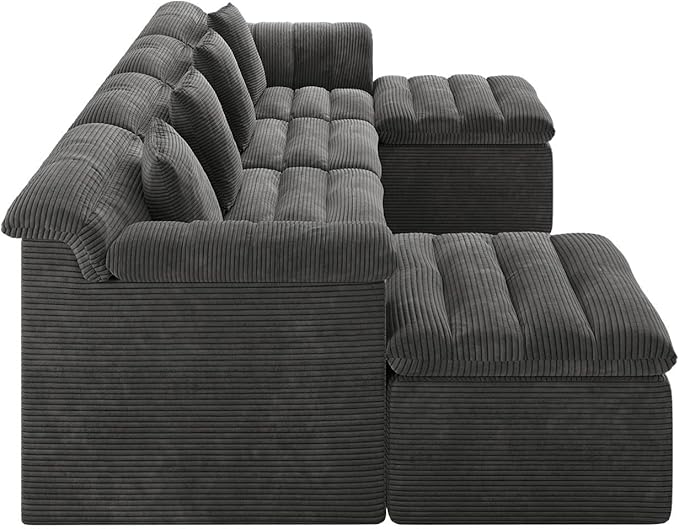 SUNG7 142" Modular Sofa with Ottoman, Boneless Cloud Couch with Deep Seat, Comfy U-Shape Corduroy Couches for Living Room, No Assembly Required, Dark Gray