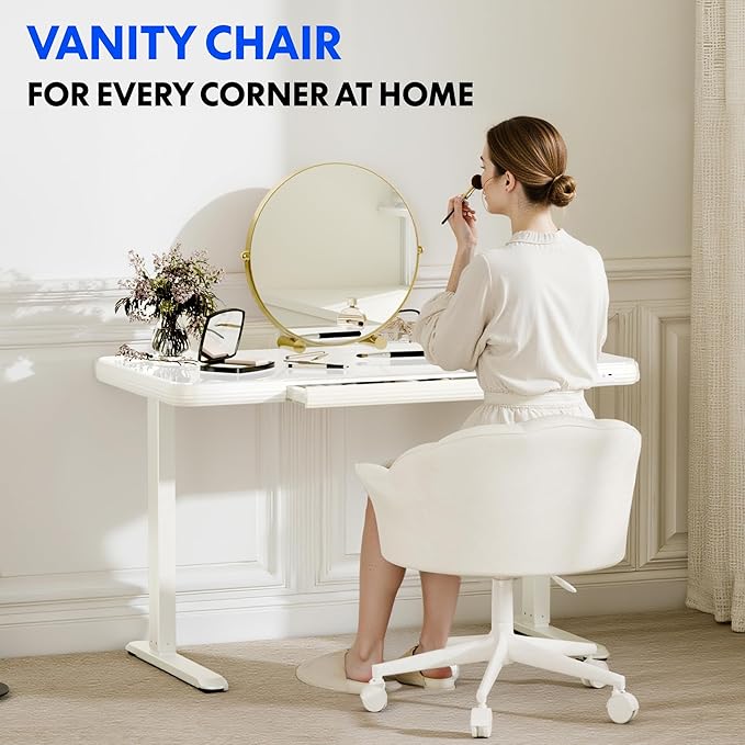 FLEXISPOT Makeup Vanity Chair with Back Velvet Armless Home Office Desk Chairs with Wheels, Cute Flower Modern Accent Chair for Girls Women Living Room Bedroom Vanity Study Small Space, White