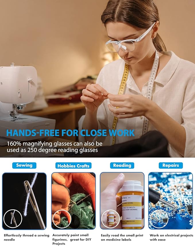 OKH 160% Magnifying Glasses, Flip Up Down Lens, Hands-Free Magnifier Eyeglasses for Close Work, Reading, Sewing, Jewelry Making, Craft, Hobby, Painting