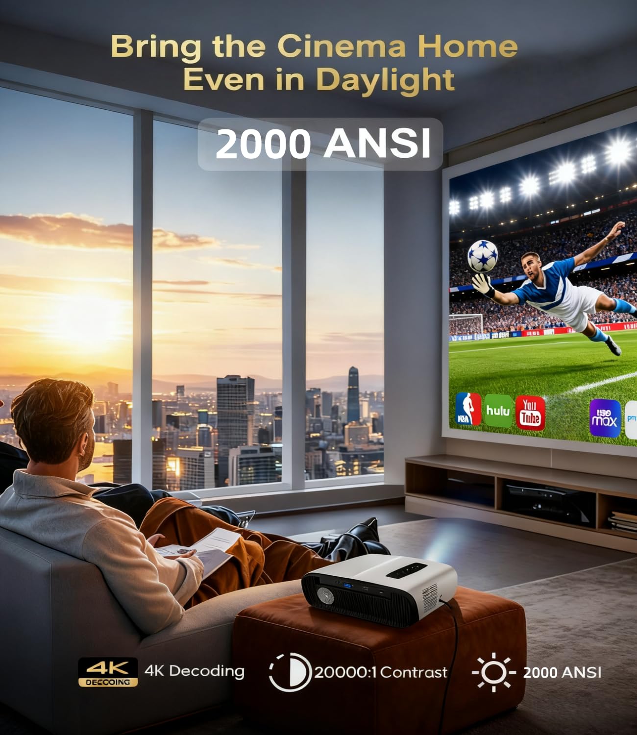 4K Projector with Screen Included, 2000 ANSI Bright Daytime Home Projectors, Auto Focus, 38W Speaker, WiFi Bluetooth, Smart Android TV, HDMI USB for PC Phones Game Consoles