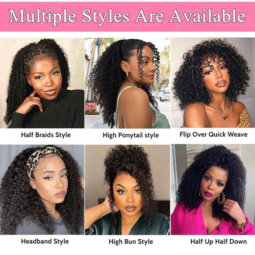 Kinky Curly Half Wig Human Hair 200 Density 3 In 1 Seamless Flip Over Half Wigs Wear Go Glueless Wigs Human Hair for Women Curly Half Wig Human Hair Drawstring Headband Wig Beginner Friendly 18 Inch