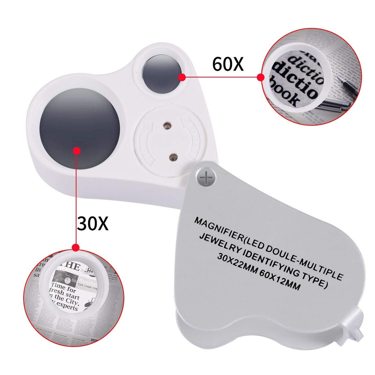 Jiusion Portable Lighted Led Illuminated Jewelry Magnifier 30X 60X Wearable Handheld Dual Lens Eye Loupe Magnifying Glasses Micr