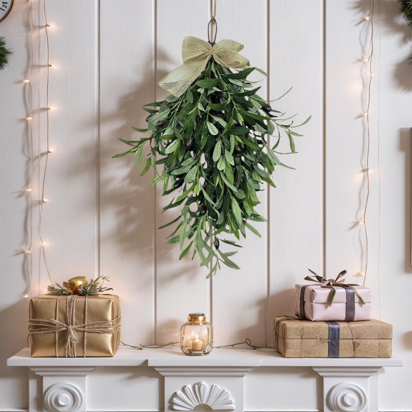 Artificial Olive Garland with Greenery Leaves – Faux Olive Wreath for Front Door, Farmhouse Wall Decor, Hanging Green Wreath for Window or Wedding Decoration (A)