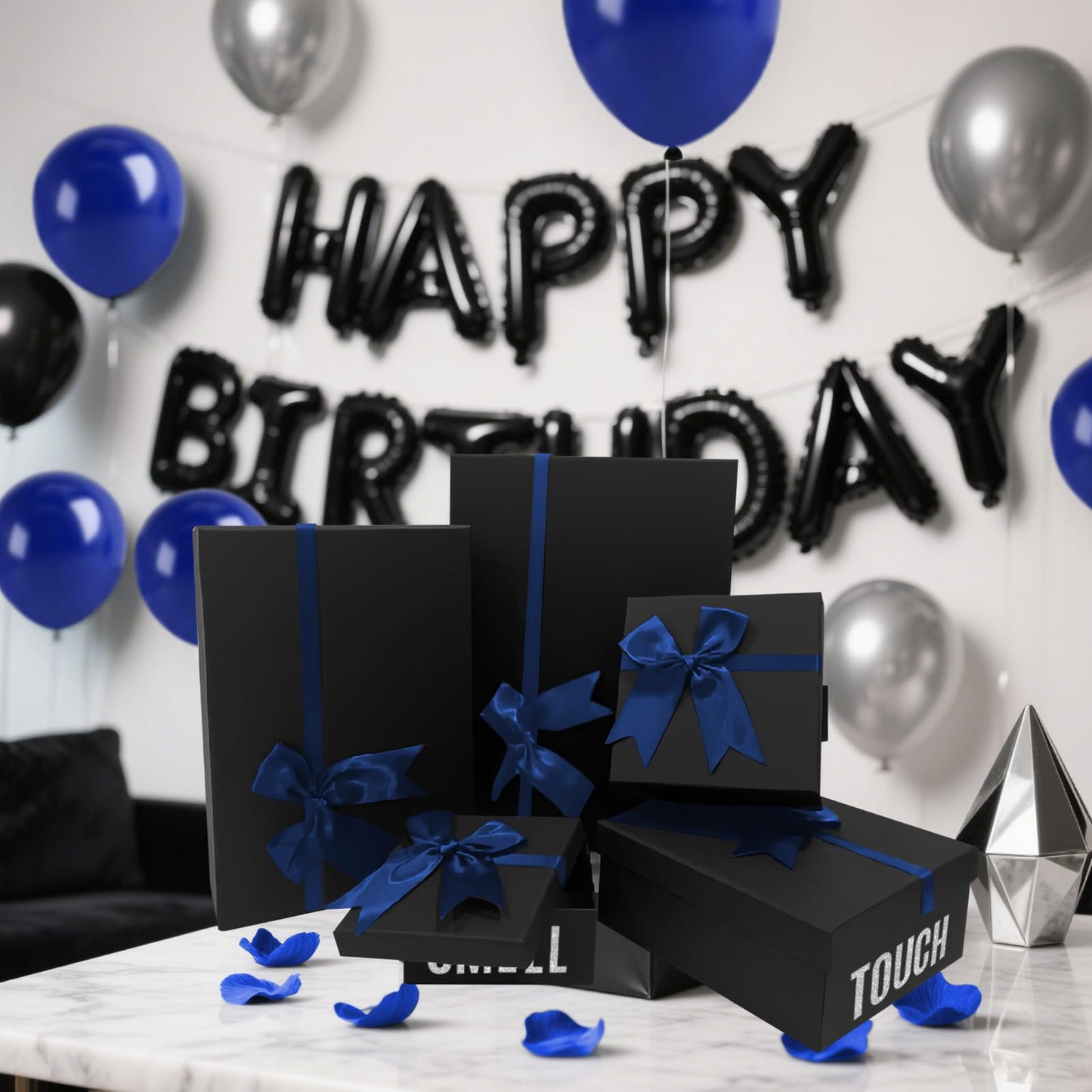 5 Senses Gift Boxes for Him Five Senses Gift Birthday Decorations Black Nesting Gift Boxes With Lids Happy Birthday Banner Balloon for Husband Boyfriend (Blue black)