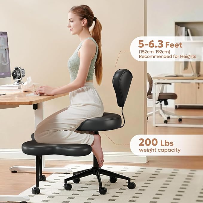 Nost & Host Cross Legged Office Chair with Wheels, 4INCH ADHD Chair for Adults, Meditation Chair, Height Adjustable Seat, Yoga Chair, PU Leather, Black