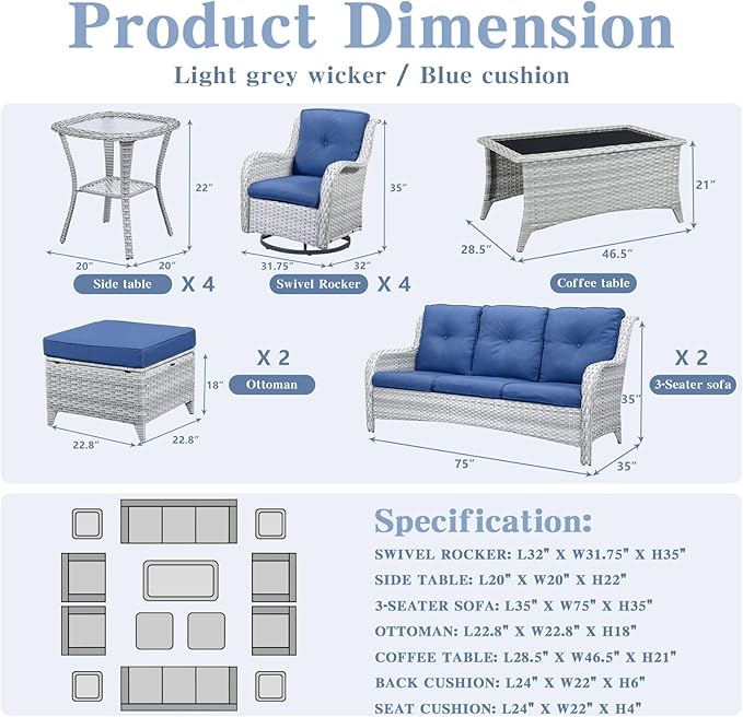 Belord Wicker Patio Furniture Sets - 13 Piece Outdoor Rattan Furniture Conversation Sets with 4 Swivel Rocker Chairs, 2 Rattan Sofas, Wicker Ottomans and Coffee Table, Light Grey/Blue