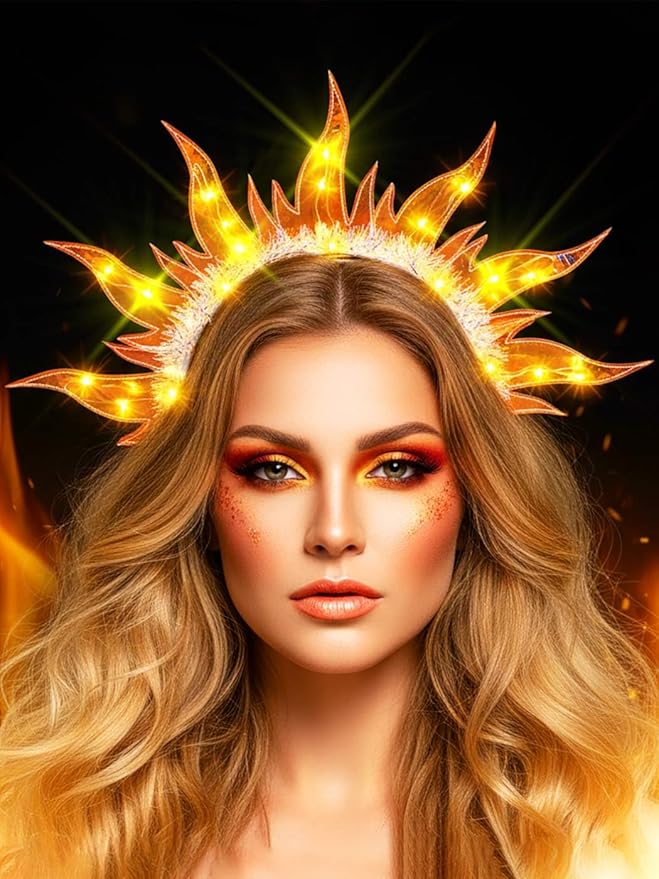 JEAIRTS Light Up Fire Headband Glow Flame Crown Headpiece Led Sun Goddess Hair Accessories for Women