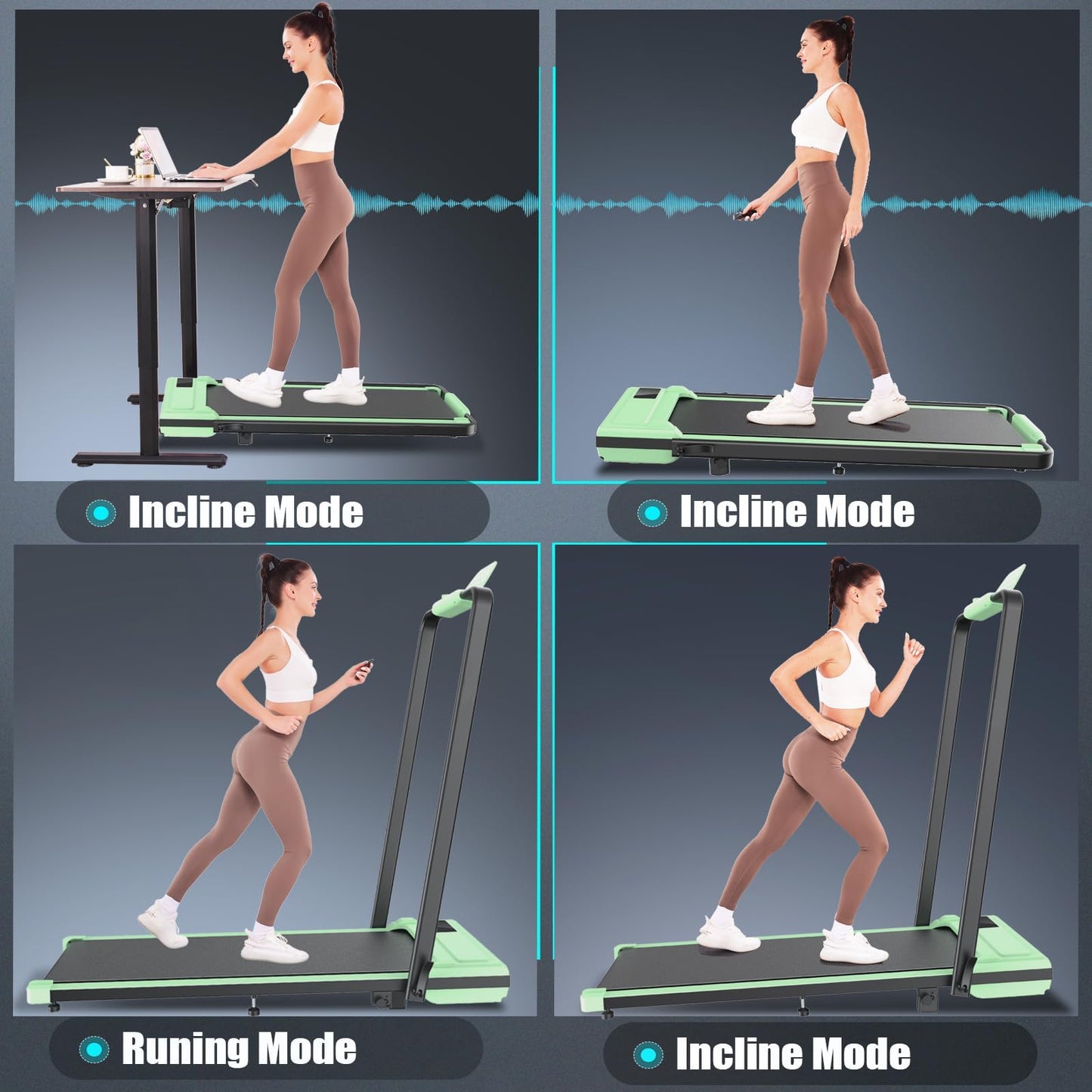Folding Treadmill with Incline,4 in 1 Foldable Walking Pad with Handle Bar,Under Desk Treadmill for Home Office,Walking Pad 300LBS Weight Capacity/Dual Control/LED Display (Green)