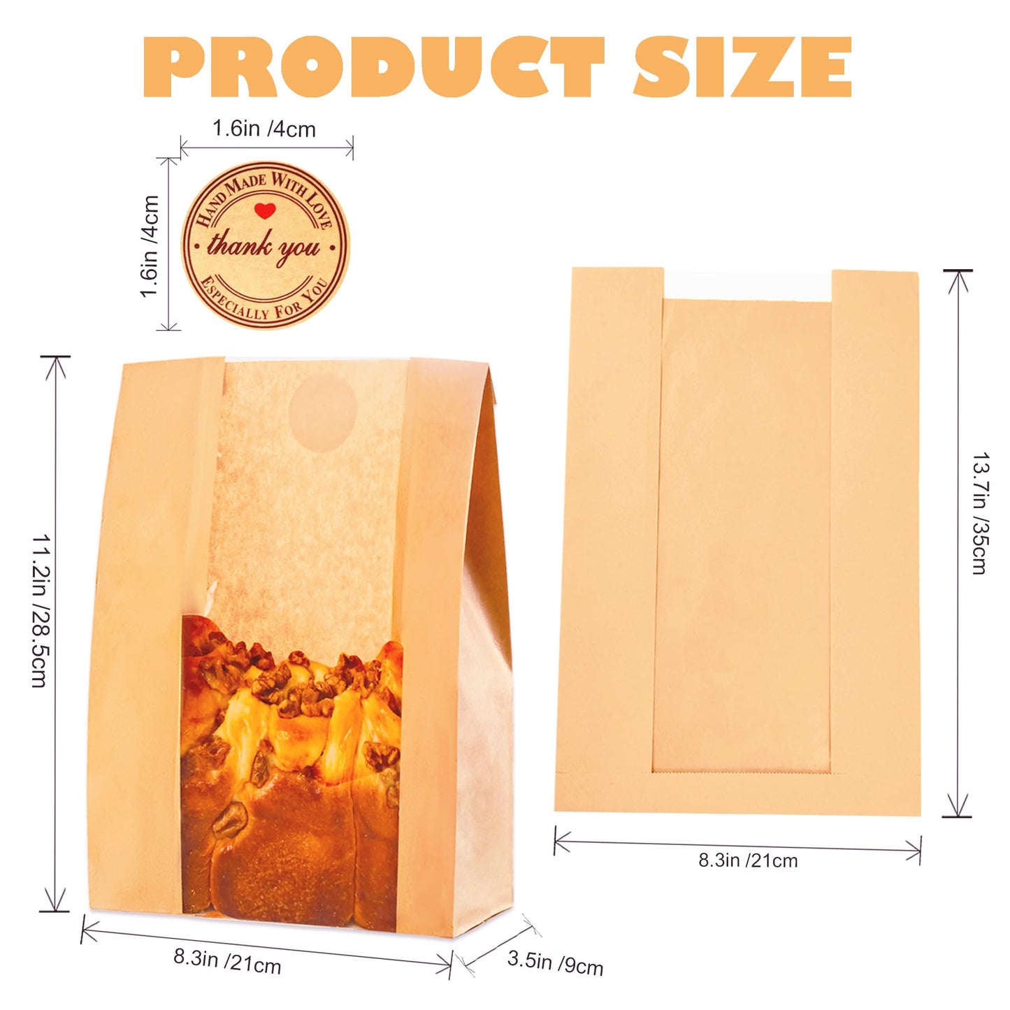 Homrelaxy 60pcs Paper Bread Bags for Homemade Bread, Sourdough Bags with Window, 13.7 x 8.3 x 3.5 Inch Large Brown Kraft Bakery Bag for Storing Loaves & Snacks, Includes 70 Sealing Stickers